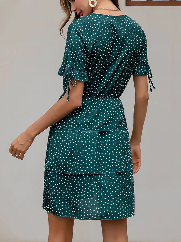 Polka Dot Printed Boho Bow Multi-layer Ruffled Holiday Dress