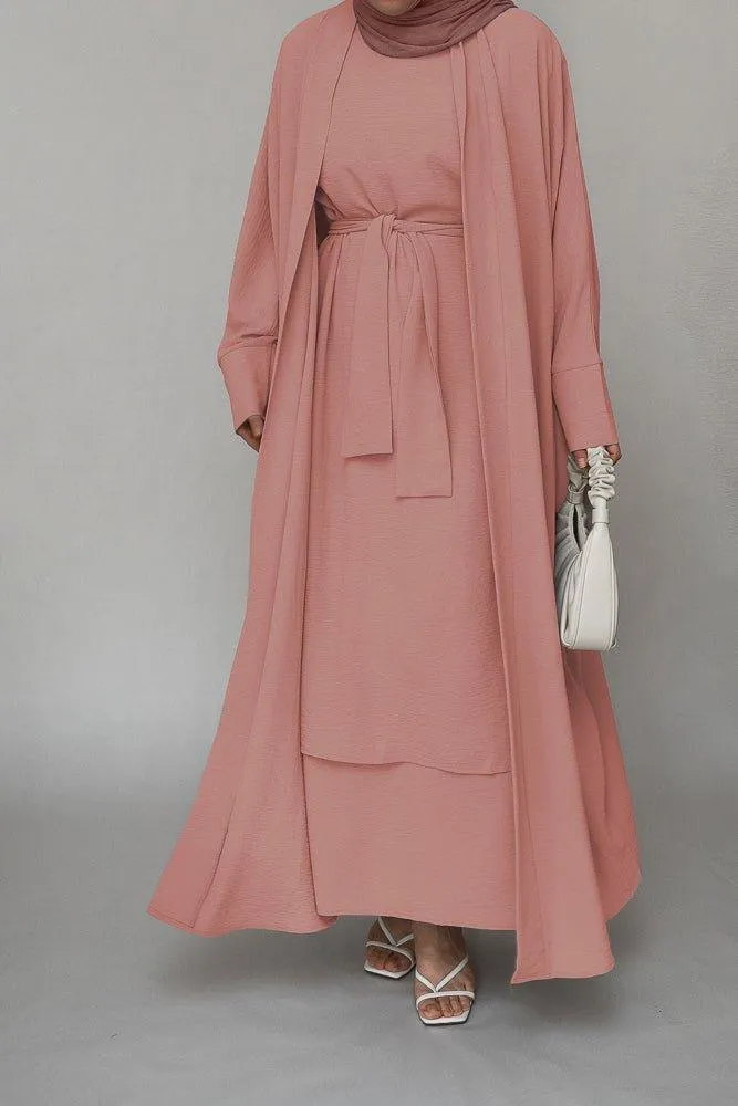 Prilla three piece abaya set with ling sleeve slip dress throw over and a belt in pink