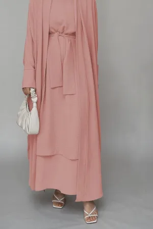 Prilla three piece abaya set with ling sleeve slip dress throw over and a belt in pink