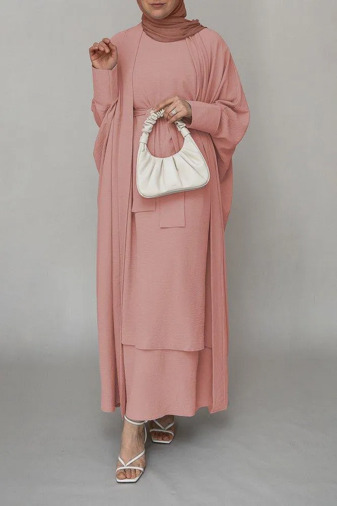 Prilla three piece abaya set with ling sleeve slip dress throw over and a belt in pink