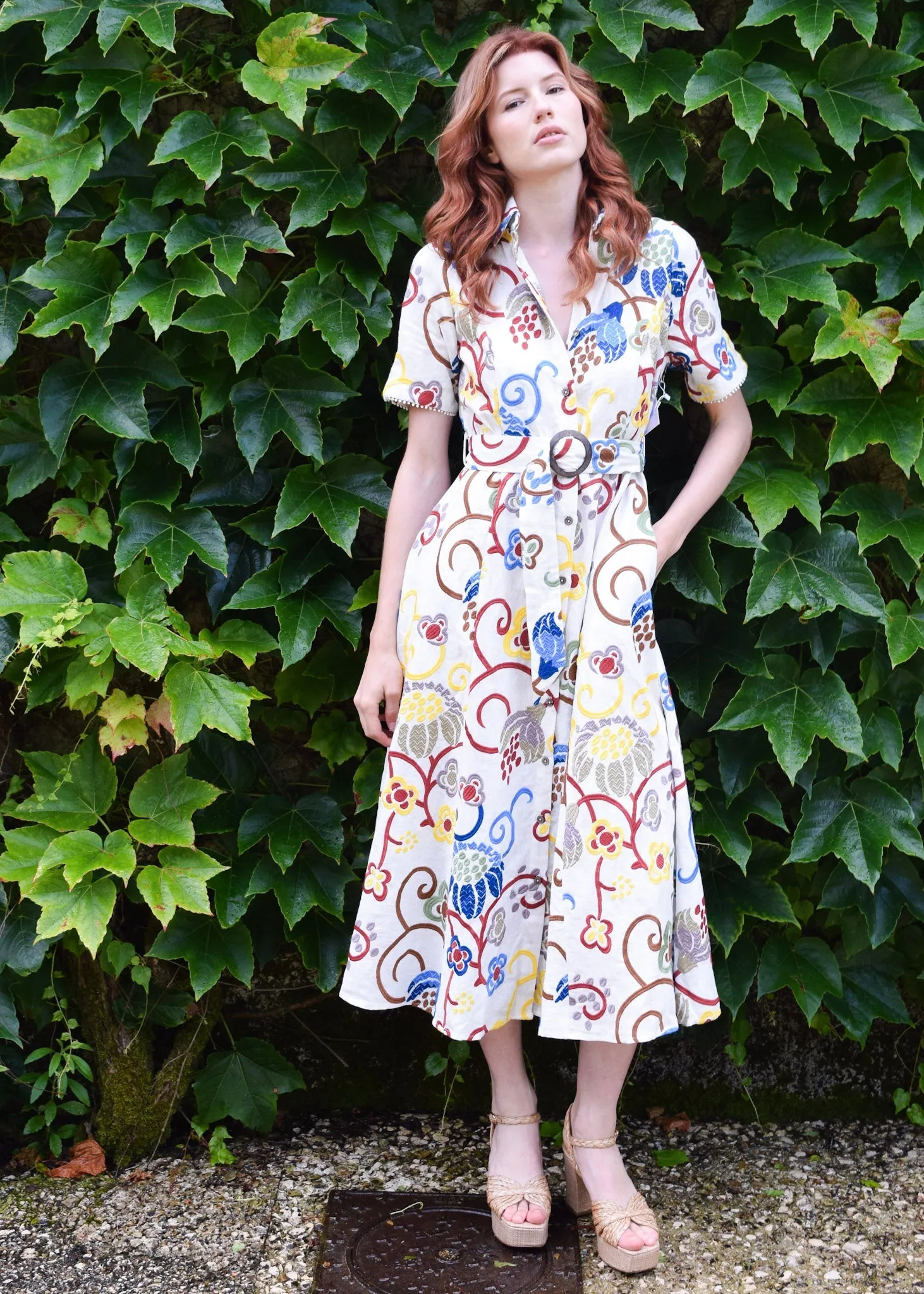 Princess Seam Short Sleeve Dress - Floral Linen
