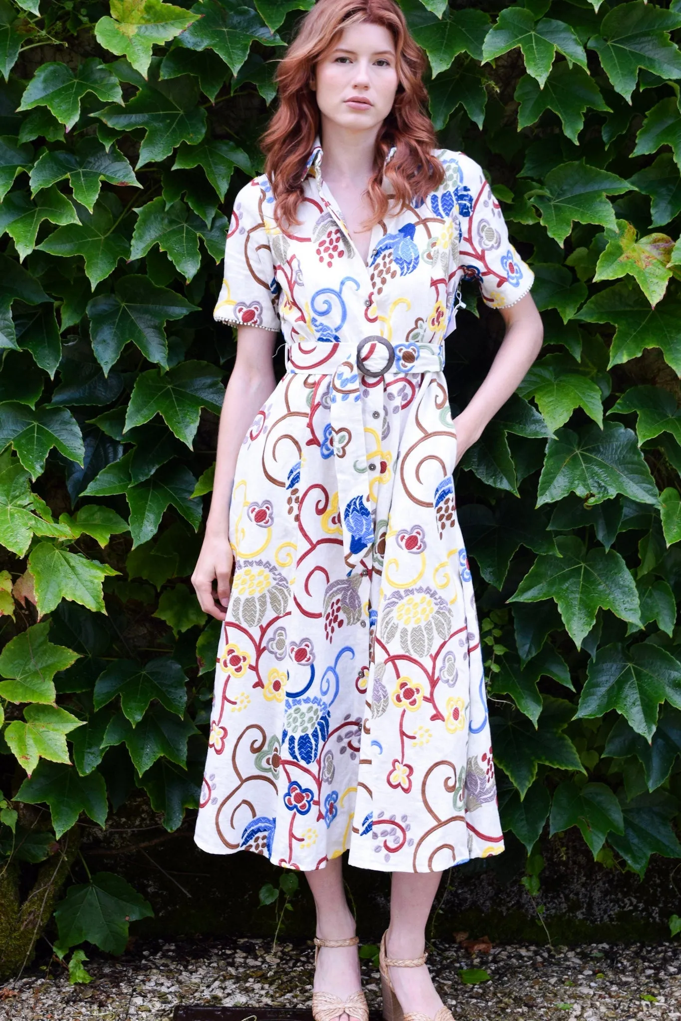 Princess Seam Short Sleeve Dress - Floral Linen