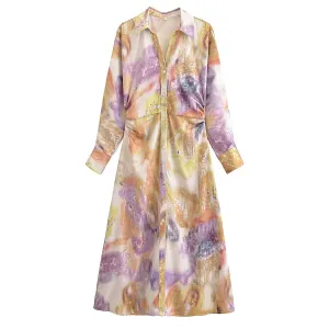 Print Long Sleeve Button Down Midi Dress