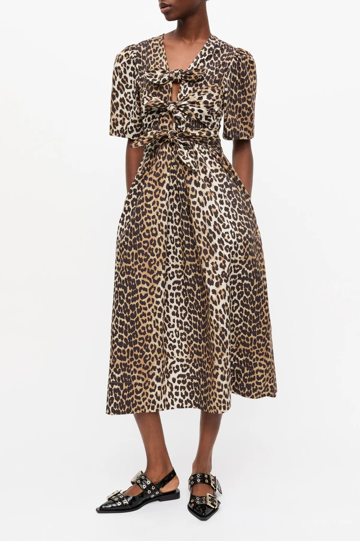 Printed Cotton Tie Strap Midi Dress in Leopard