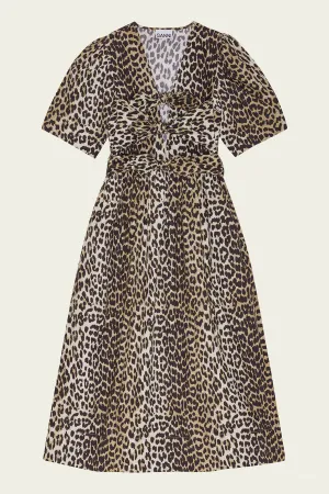 Printed Cotton Tie Strap Midi Dress in Leopard