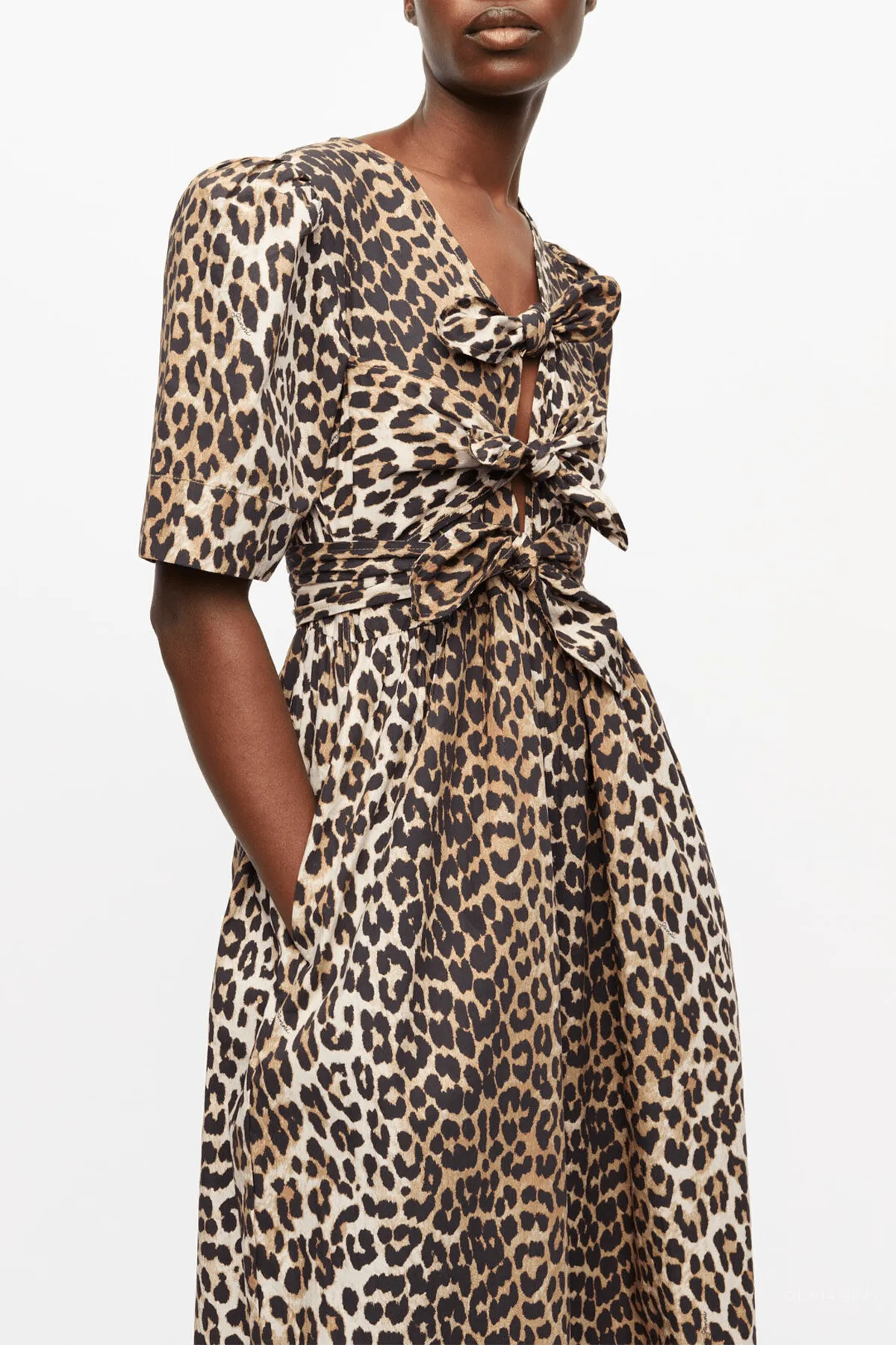 Printed Cotton Tie Strap Midi Dress in Leopard