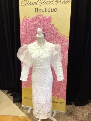 Puffy Sleeves White Overlay Lace MIDI Dress