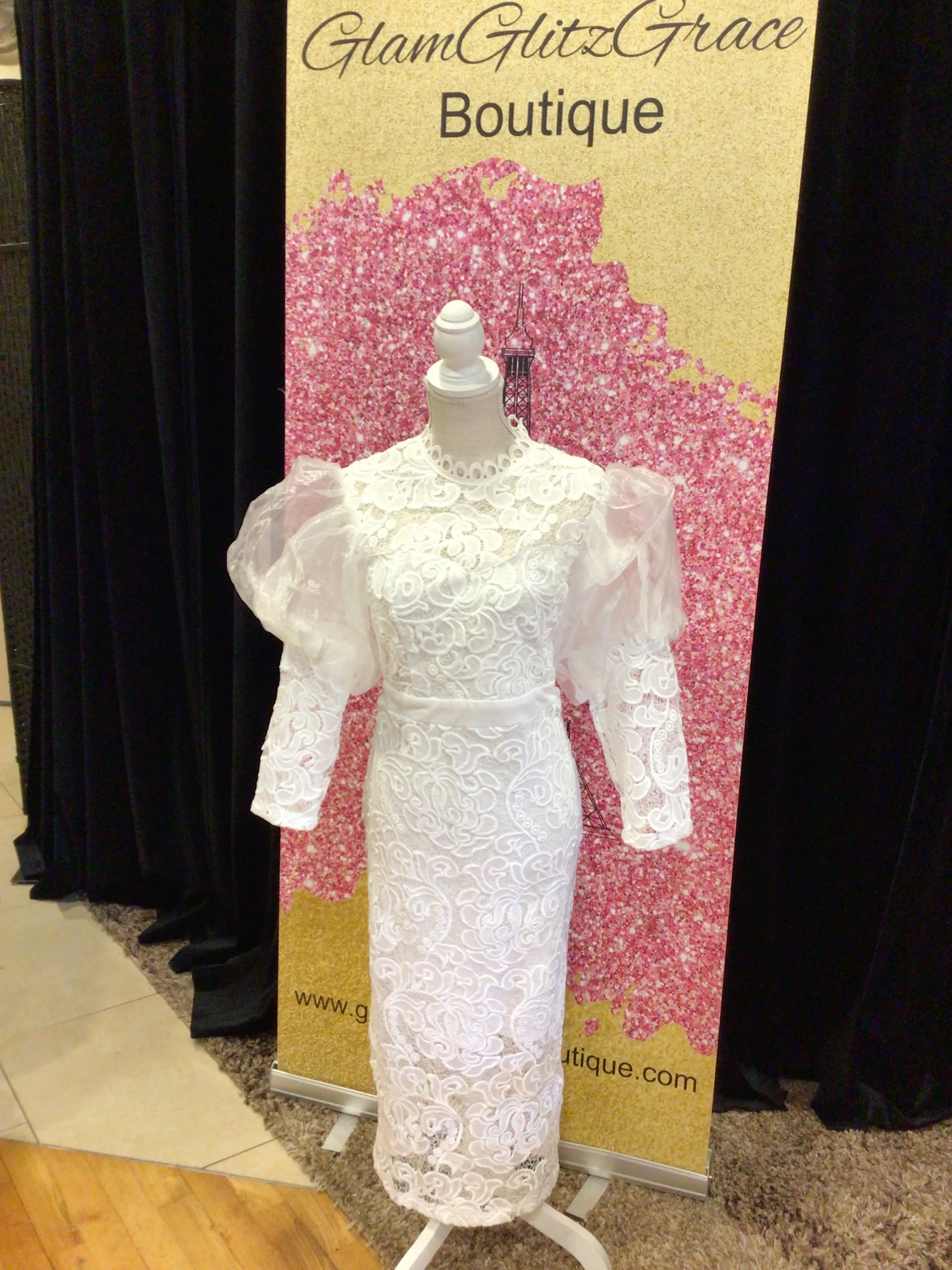 Puffy Sleeves White Overlay Lace MIDI Dress
