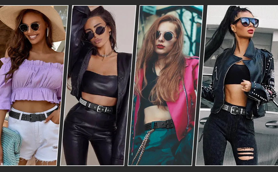 Punk Rivet Studded Belt Goth Row Pyramid Square Bead PU Leather Vintage Punk Rock Grommet Belt for Jeans Pants