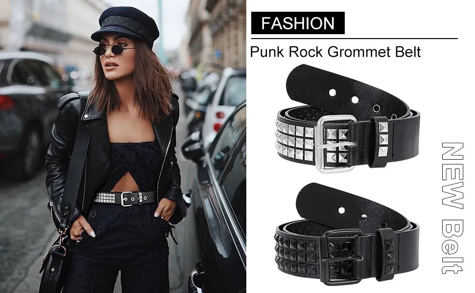 Punk Rivet Studded Belt Goth Row Pyramid Square Bead PU Leather Vintage Punk Rock Grommet Belt for Jeans Pants