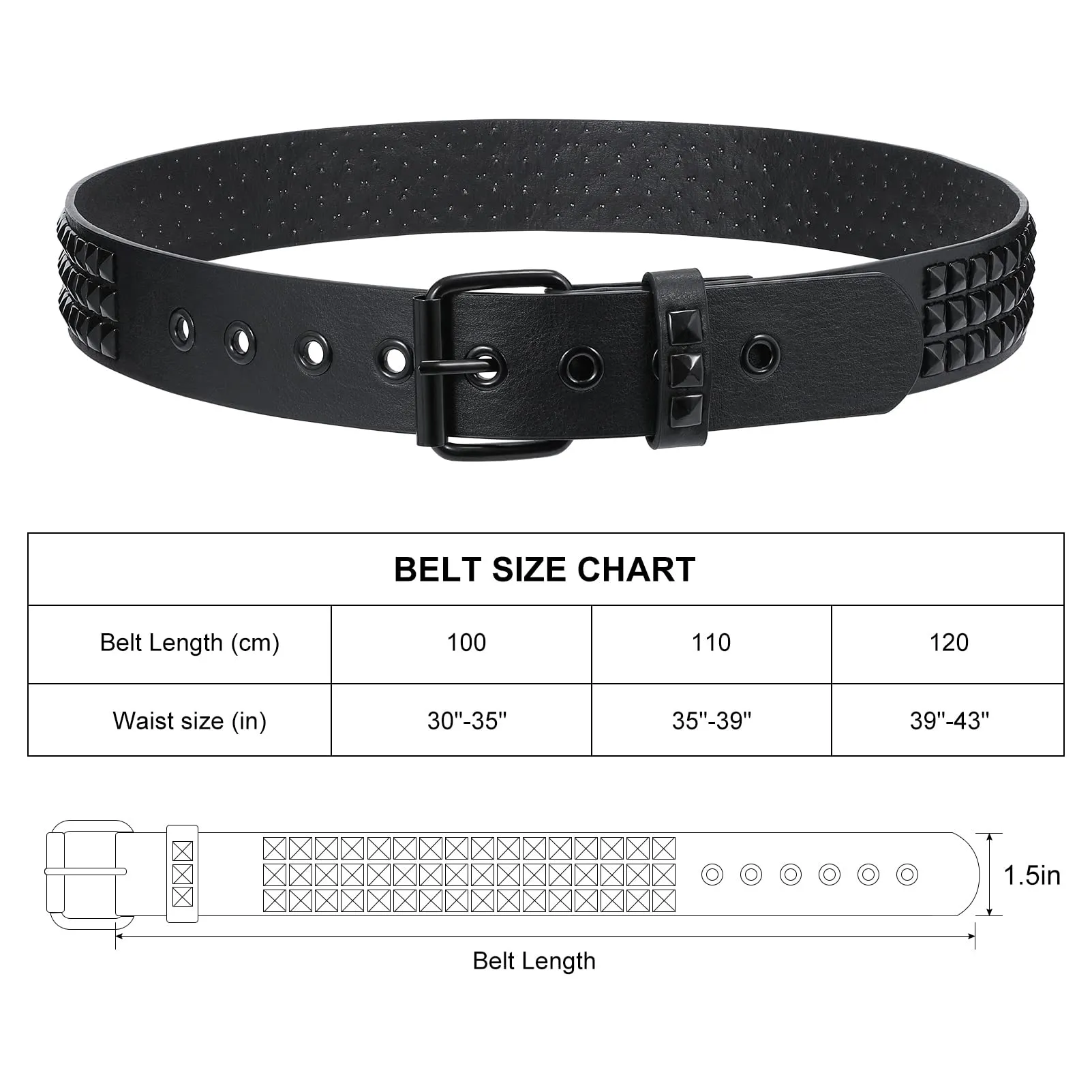 Punk Rivet Studded Belt Goth Row Pyramid Square Bead PU Leather Vintage Punk Rock Grommet Belt for Jeans Pants