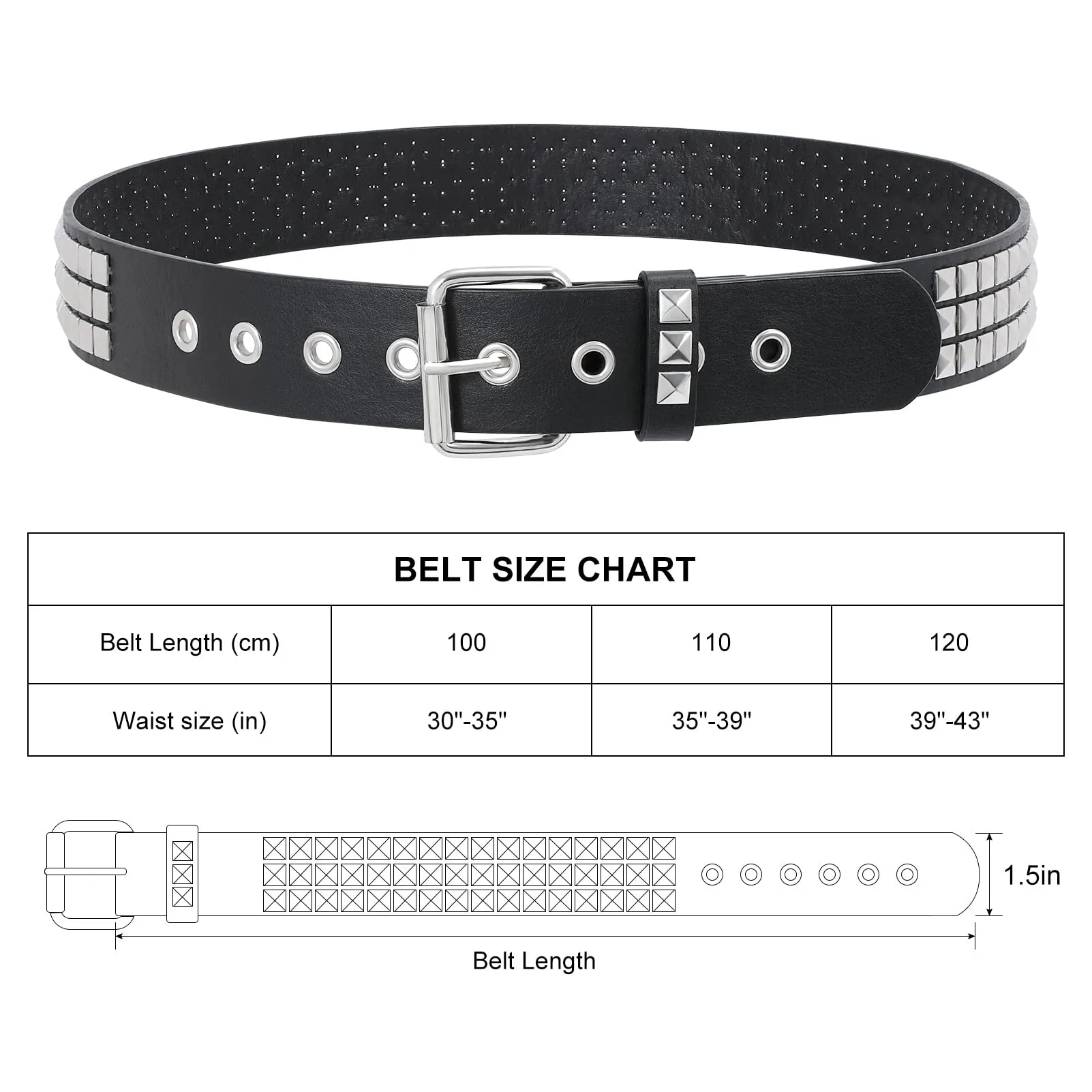 Punk Rivet Studded Belt Goth Row Pyramid Square Bead PU Leather Vintage Punk Rock Grommet Belt for Jeans Pants
