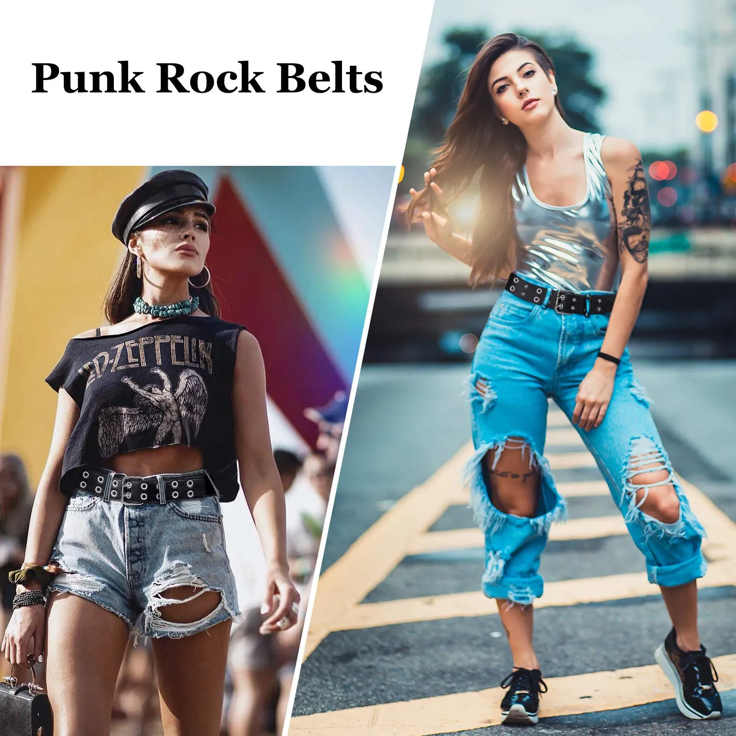 Punk Rivet Studded Belt Goth Row Pyramid Square Bead PU Leather Vintage Punk Rock Grommet Belt for Jeans Pants
