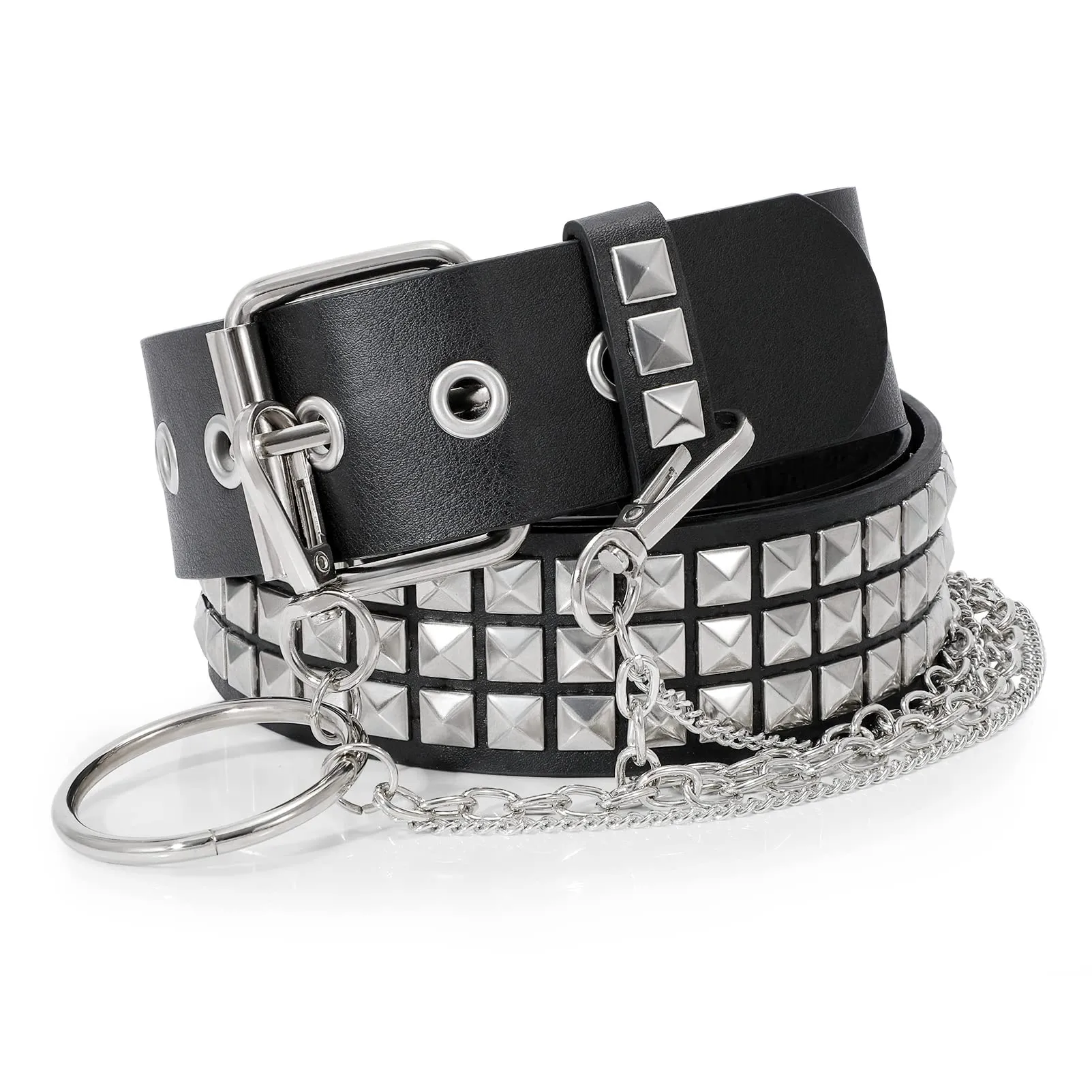 Punk Rivet Studded Belt Goth Row Pyramid Square Bead PU Leather Vintage Punk Rock Grommet Belt for Jeans Pants