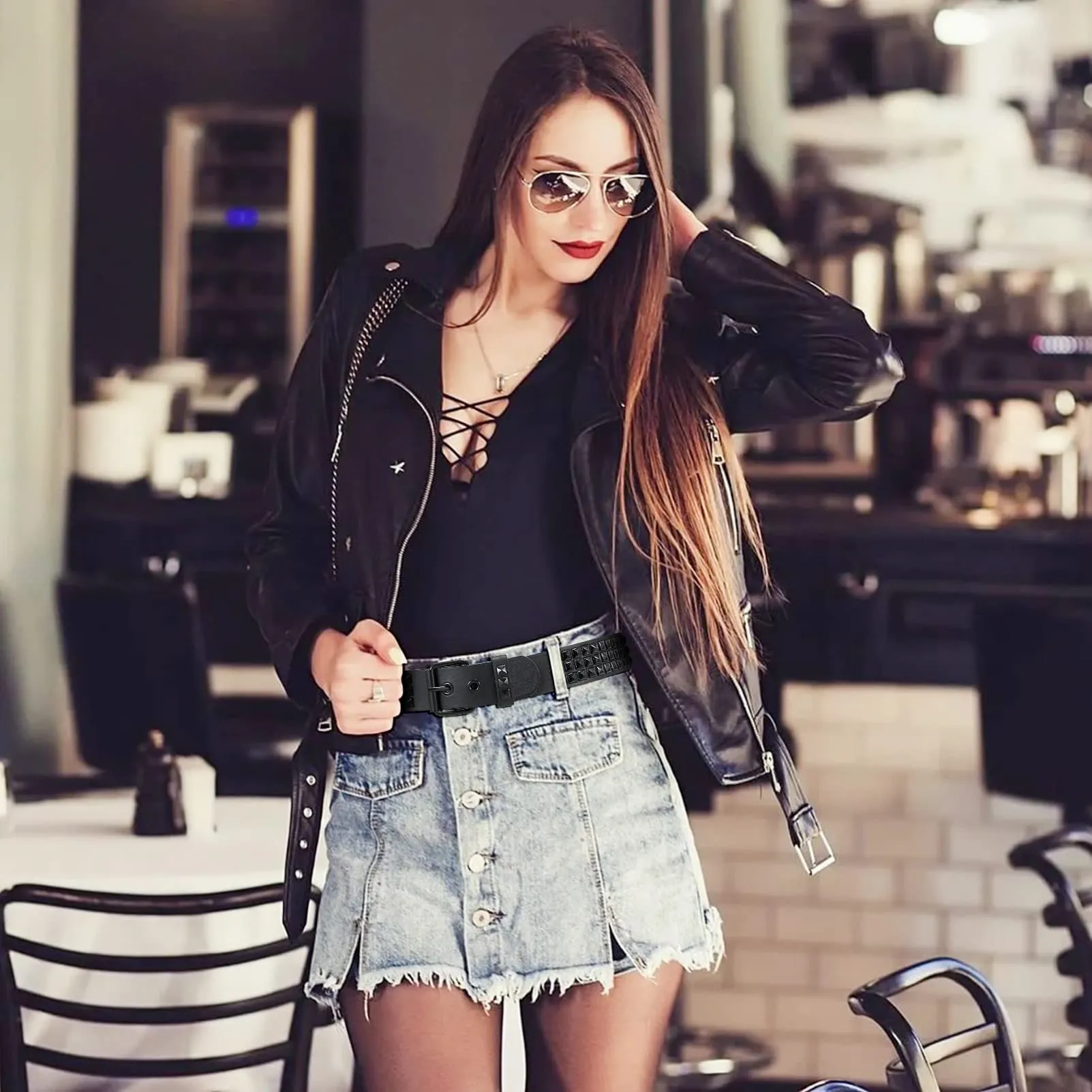 Punk Rivet Studded Belt Goth Row Pyramid Square Bead PU Leather Vintage Punk Rock Grommet Belt for Jeans Pants