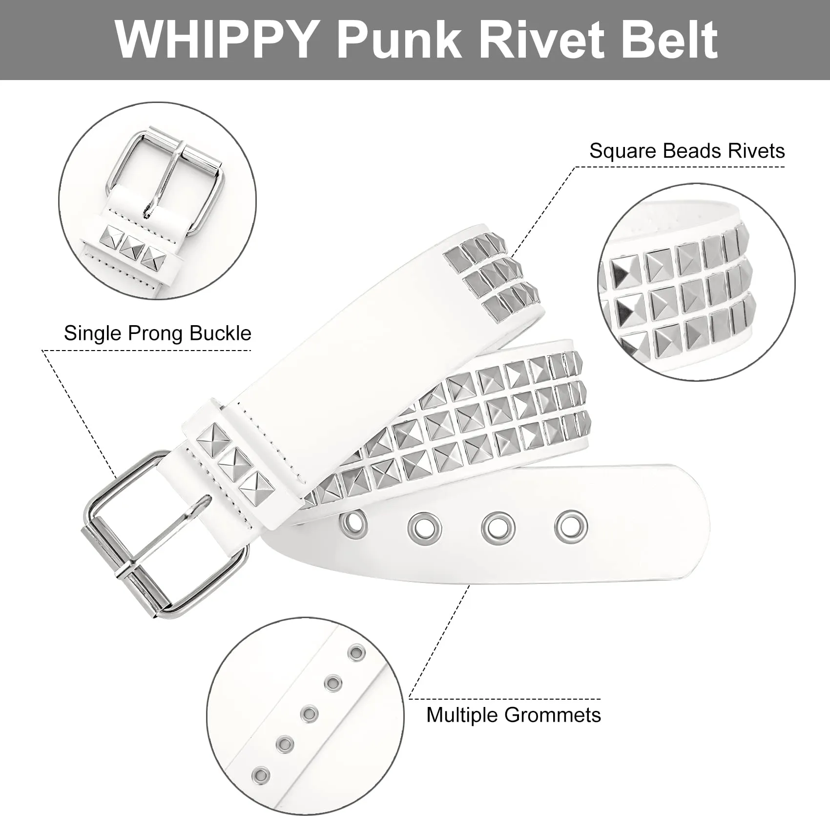 Punk Rivet Studded Belt Goth Row Pyramid Square Bead PU Leather Vintage Punk Rock Grommet Belt for Jeans Pants