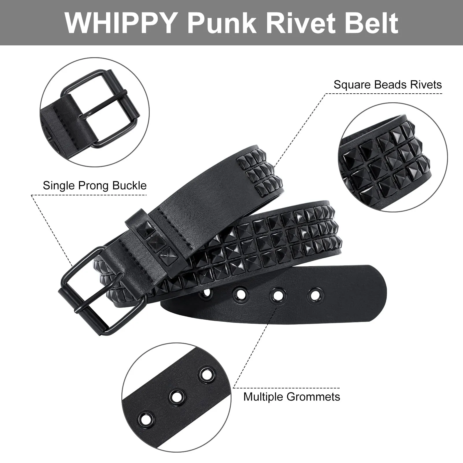Punk Rivet Studded Belt Goth Row Pyramid Square Bead PU Leather Vintage Punk Rock Grommet Belt for Jeans Pants