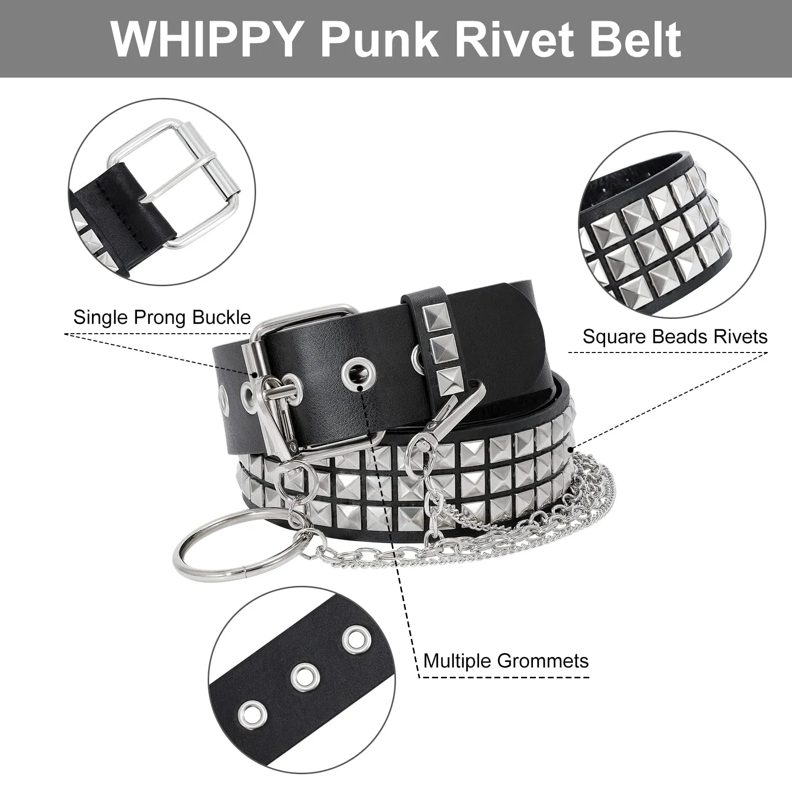 Punk Rivet Studded Belt Goth Row Pyramid Square Bead PU Leather Vintage Punk Rock Grommet Belt for Jeans Pants