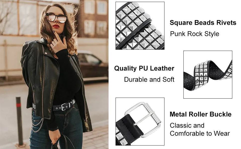Punk Rivet Studded Belt Goth Row Pyramid Square Bead PU Leather Vintage Punk Rock Grommet Belt for Jeans Pants