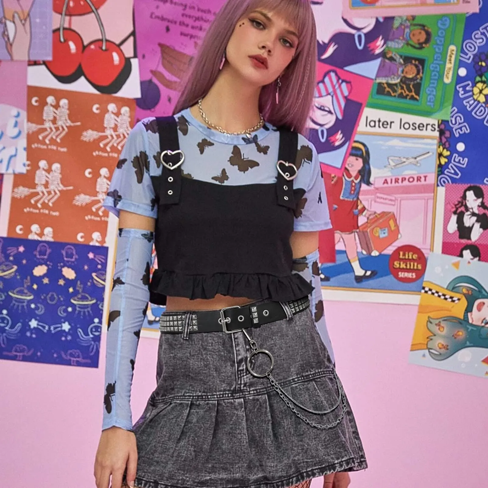 Punk Rivet Studded Belt Goth Row Pyramid Square Bead PU Leather Vintage Punk Rock Grommet Belt for Jeans Pants