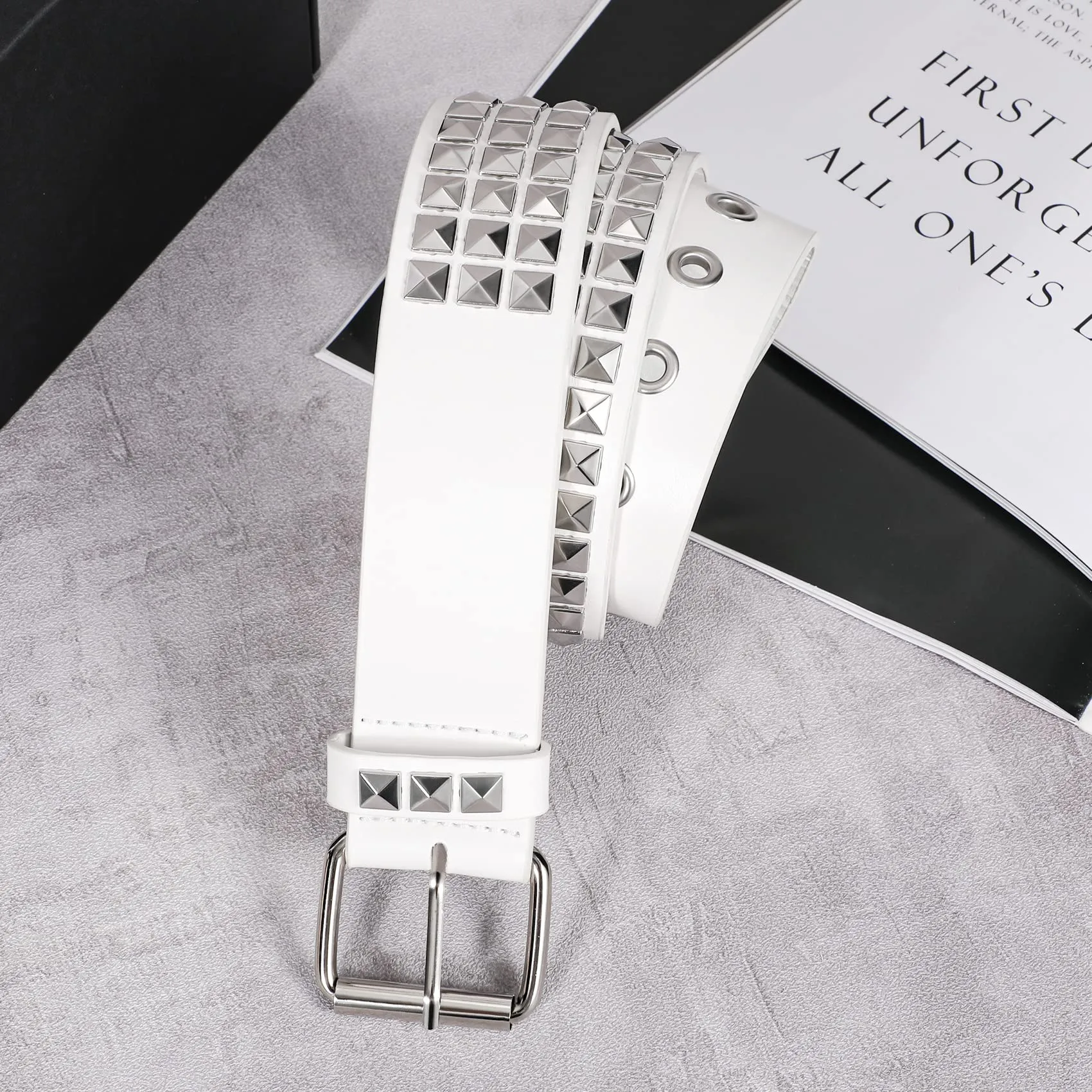 Punk Rivet Studded Belt Goth Row Pyramid Square Bead PU Leather Vintage Punk Rock Grommet Belt for Jeans Pants