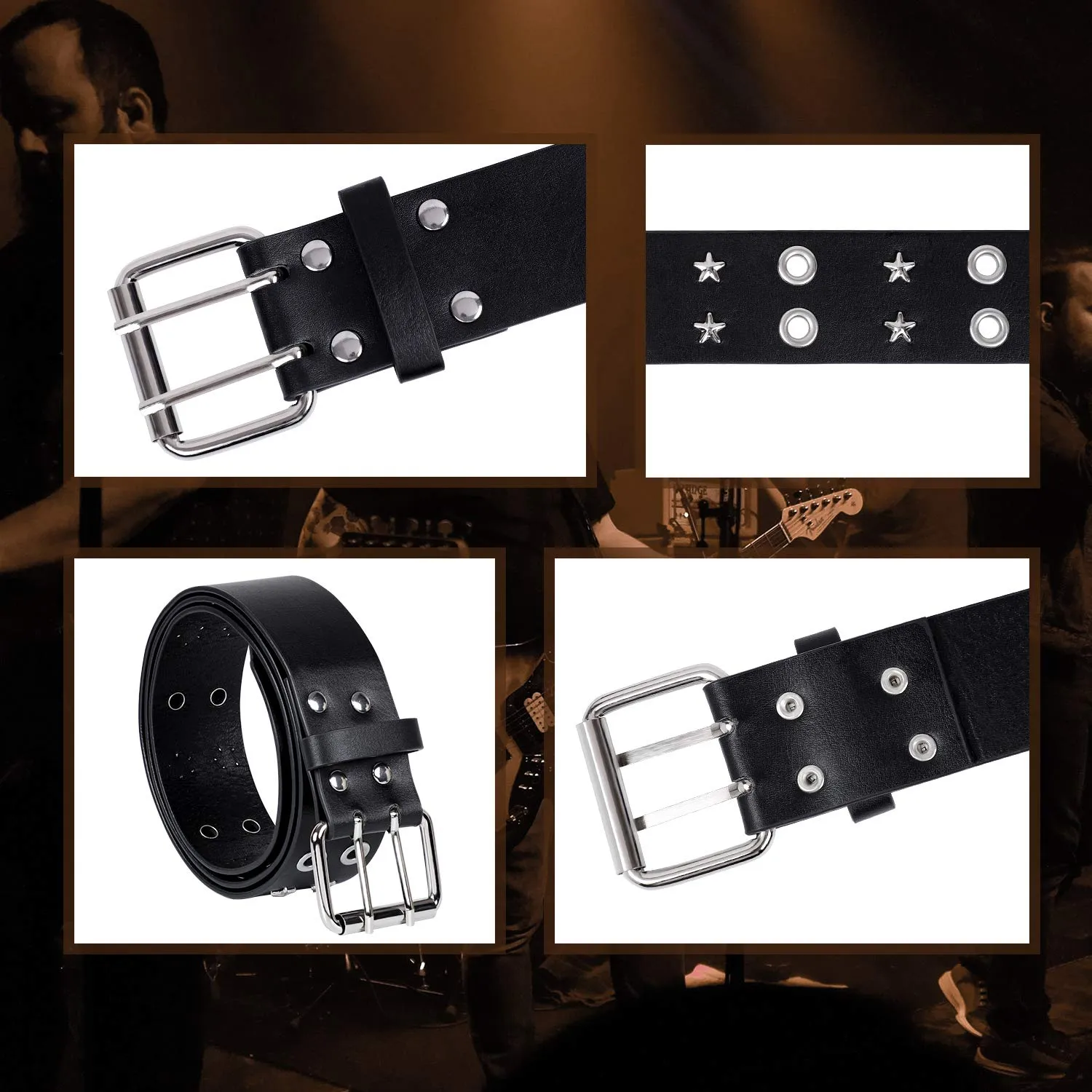Punk Rivet Studded Belt Goth Row Pyramid Square Bead PU Leather Vintage Punk Rock Grommet Belt for Jeans Pants
