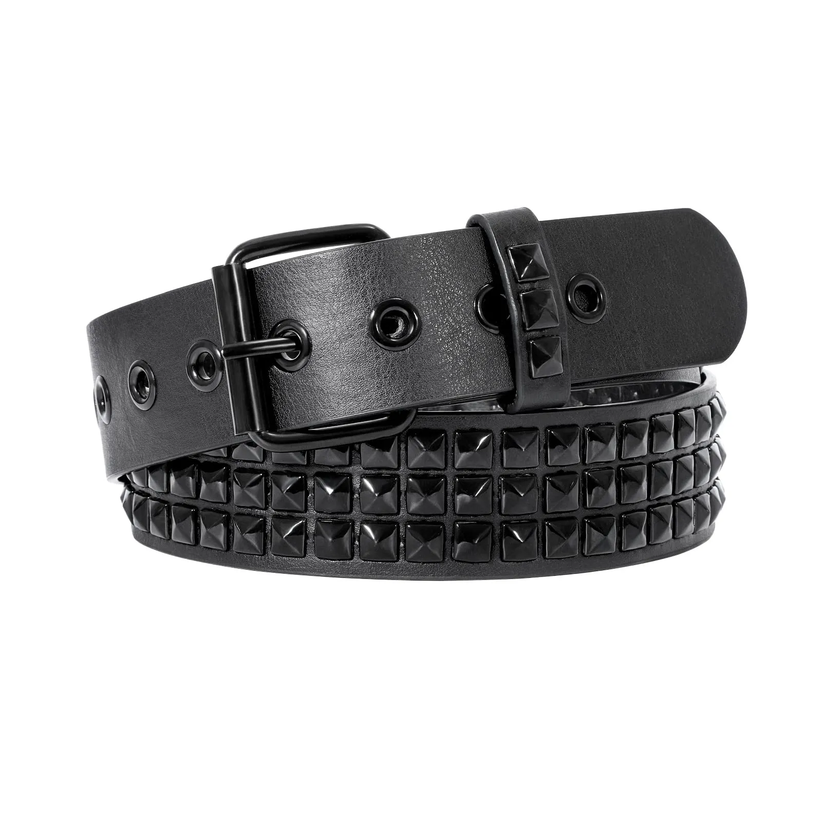 Punk Rivet Studded Belt Goth Row Pyramid Square Bead PU Leather Vintage Punk Rock Grommet Belt for Jeans Pants