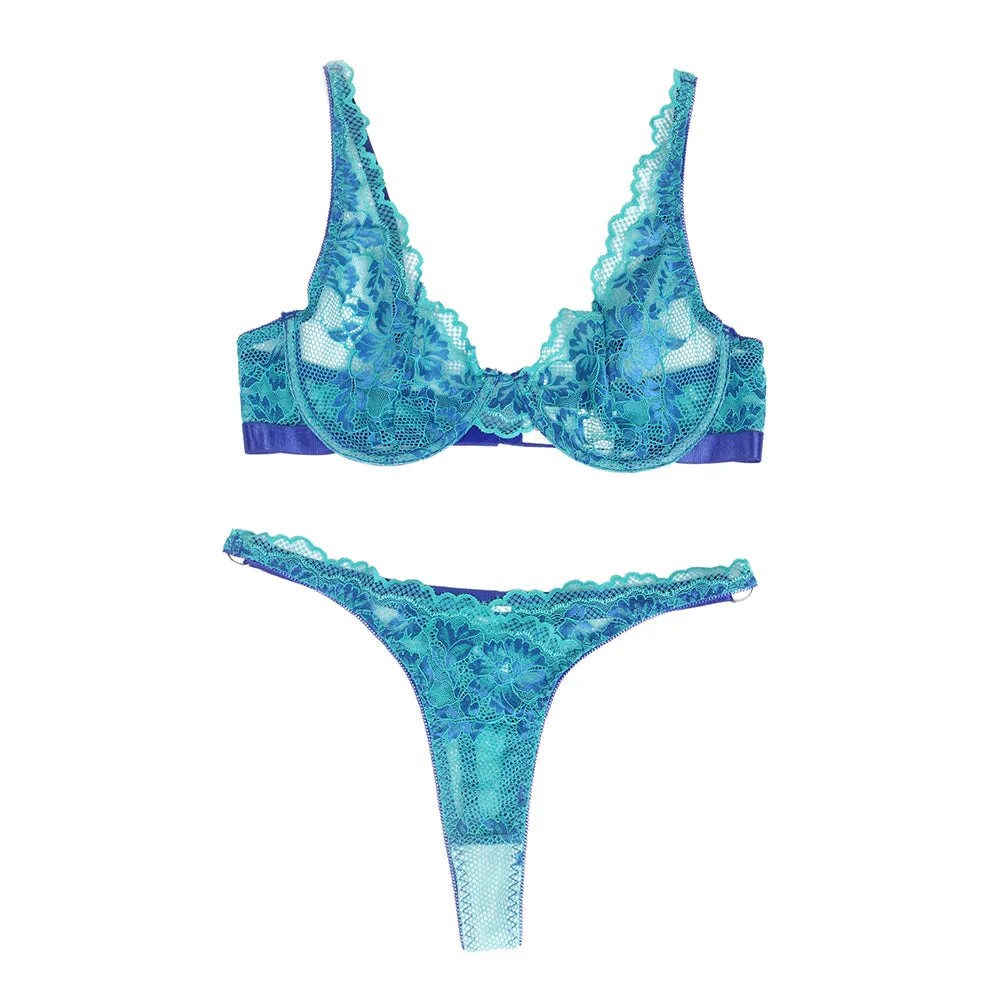 Purple Floral Lace Underwire White Bra Set