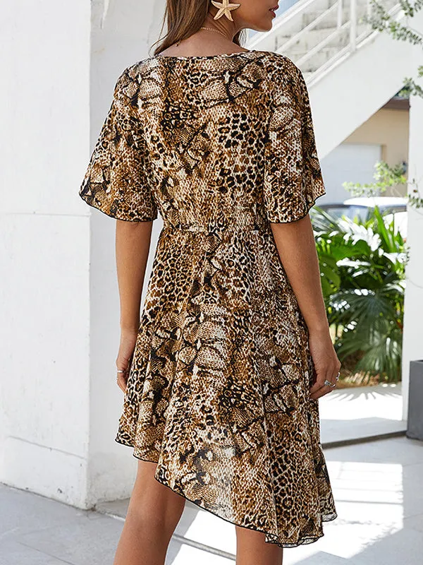 Python Print Dress Asymmetric Mid-length Skirt Irregular Elastic Waist