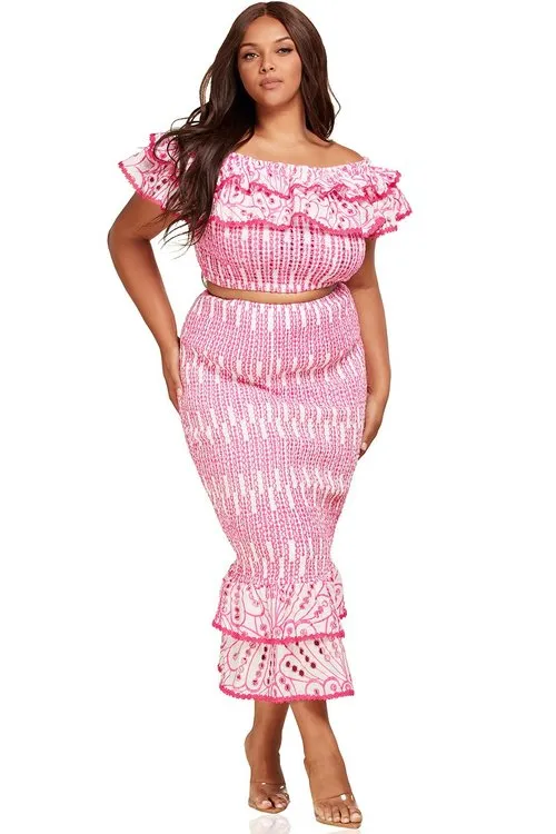 "BARBIE GIRL" TWO PIECE SET OFF SHOULDER TOP & MERMAID SKIRT (PLUS SIZE)