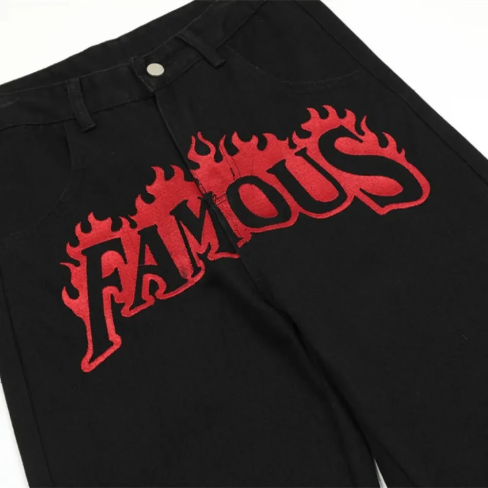 "Vintage Flame Embroidery Straight Leg" Jeans