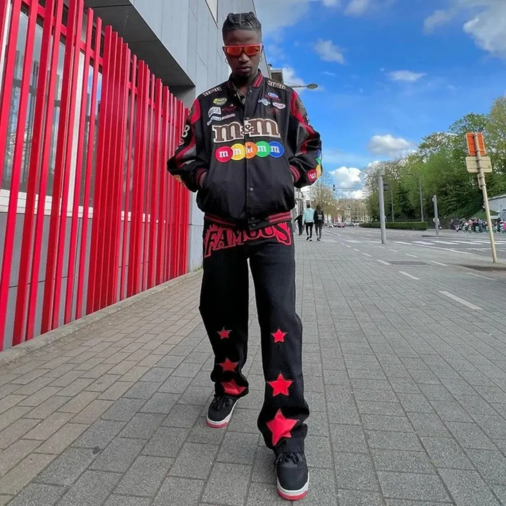 "Vintage Flame Embroidery Straight Leg" Jeans