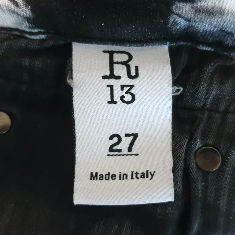 R13 Boy Straight Leg Jeans Black & Gray Tie Dye Stretch Cotton Size 27