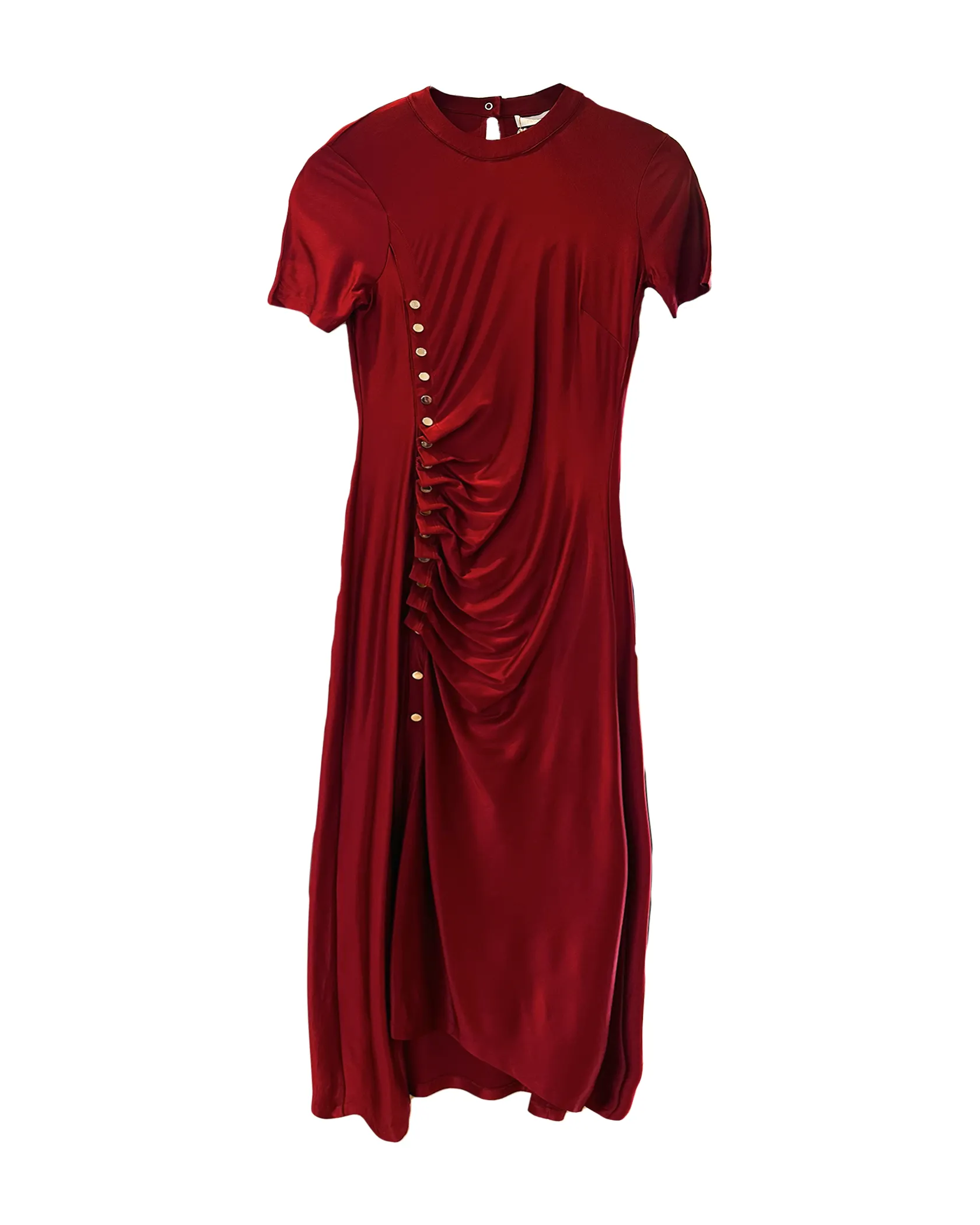 RABANNE | SHORT SLEEVE SHINY RUCHED MIDI DRESS WITH SIDE BUTTONS