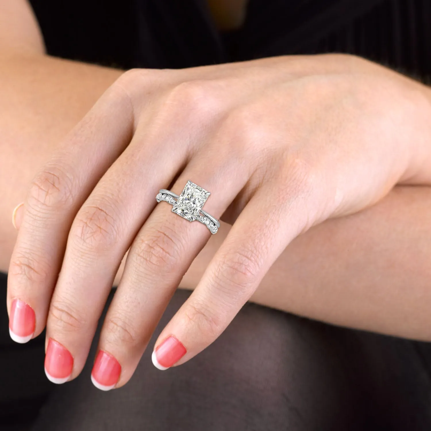 Radiant Cut Hidden Halo Engagement Ring Bridal Set - 485