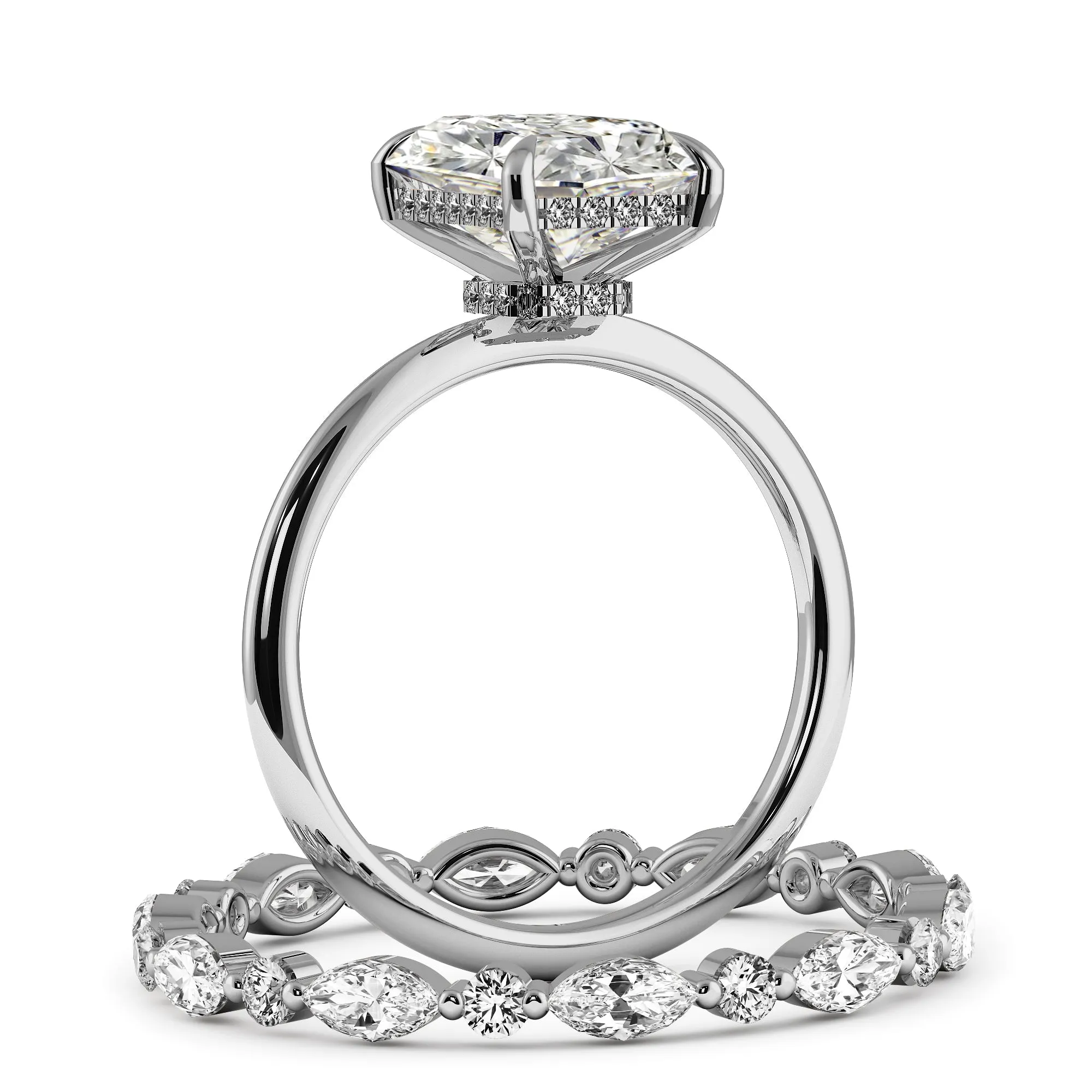 Radiant Cut Hidden Halo Engagement Ring Bridal Set - 485