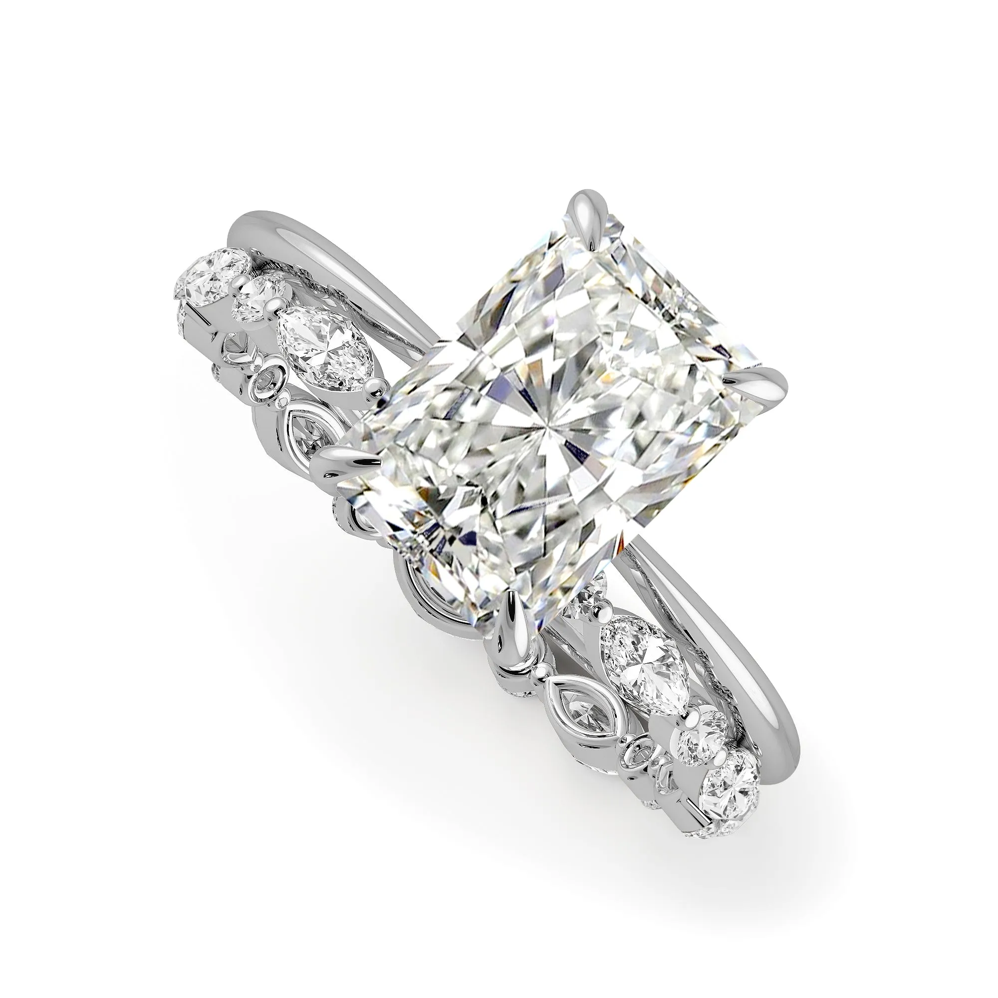 Radiant Cut Hidden Halo Engagement Ring Bridal Set - 485