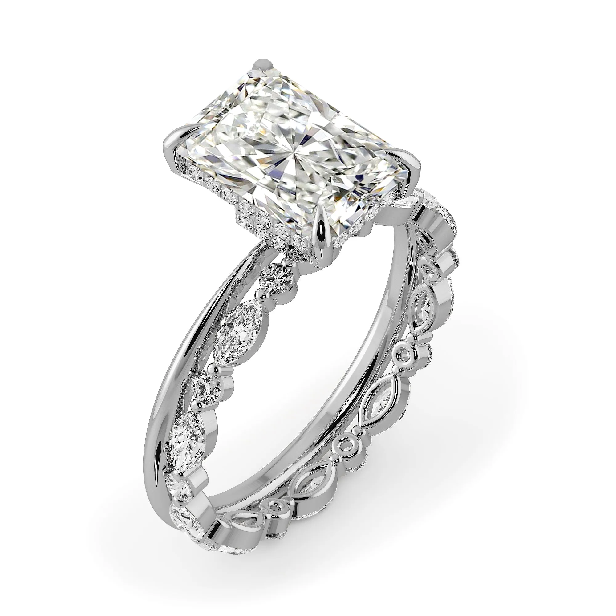 Radiant Cut Hidden Halo Engagement Ring Bridal Set - 485