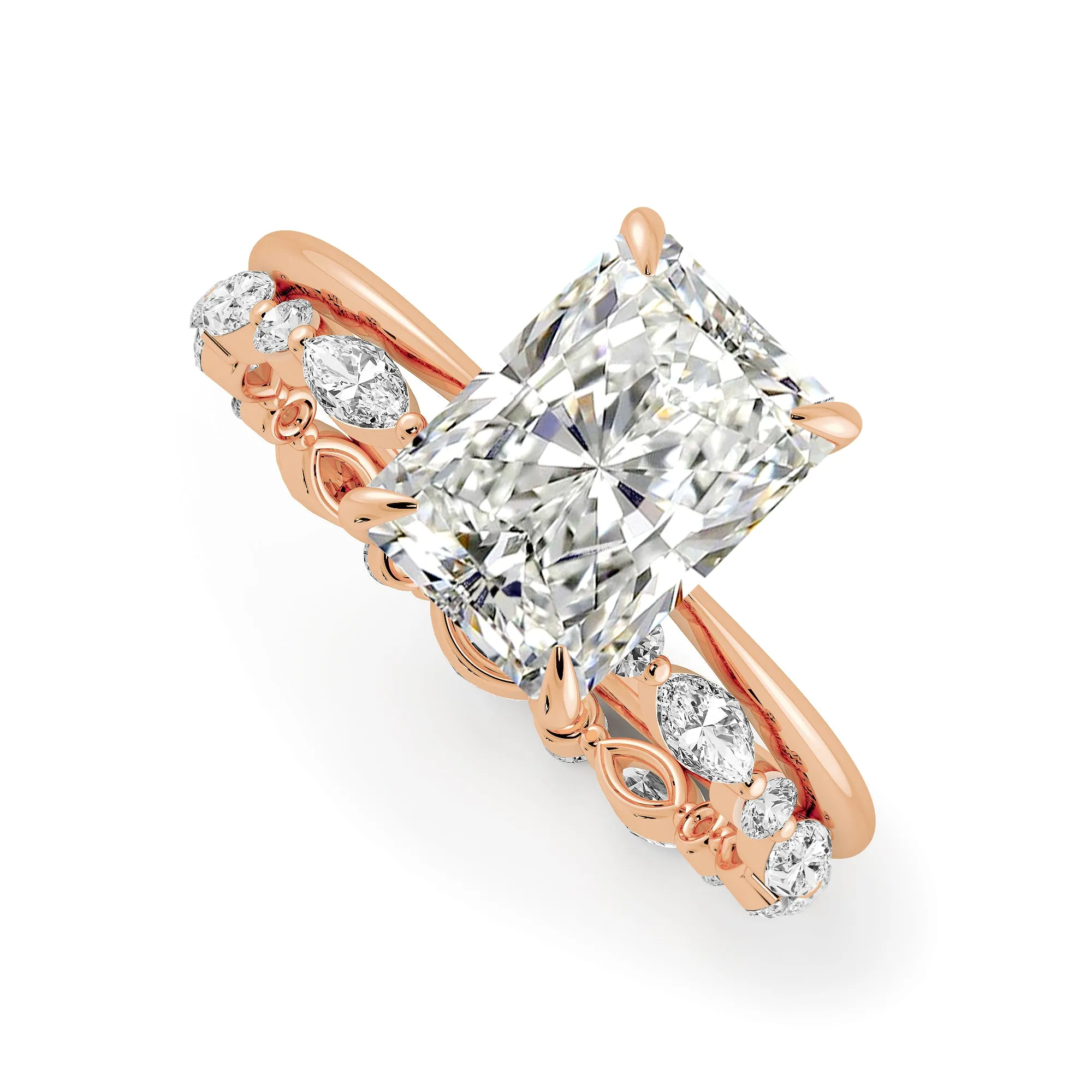 Radiant Cut Hidden Halo Engagement Ring Bridal Set - 485