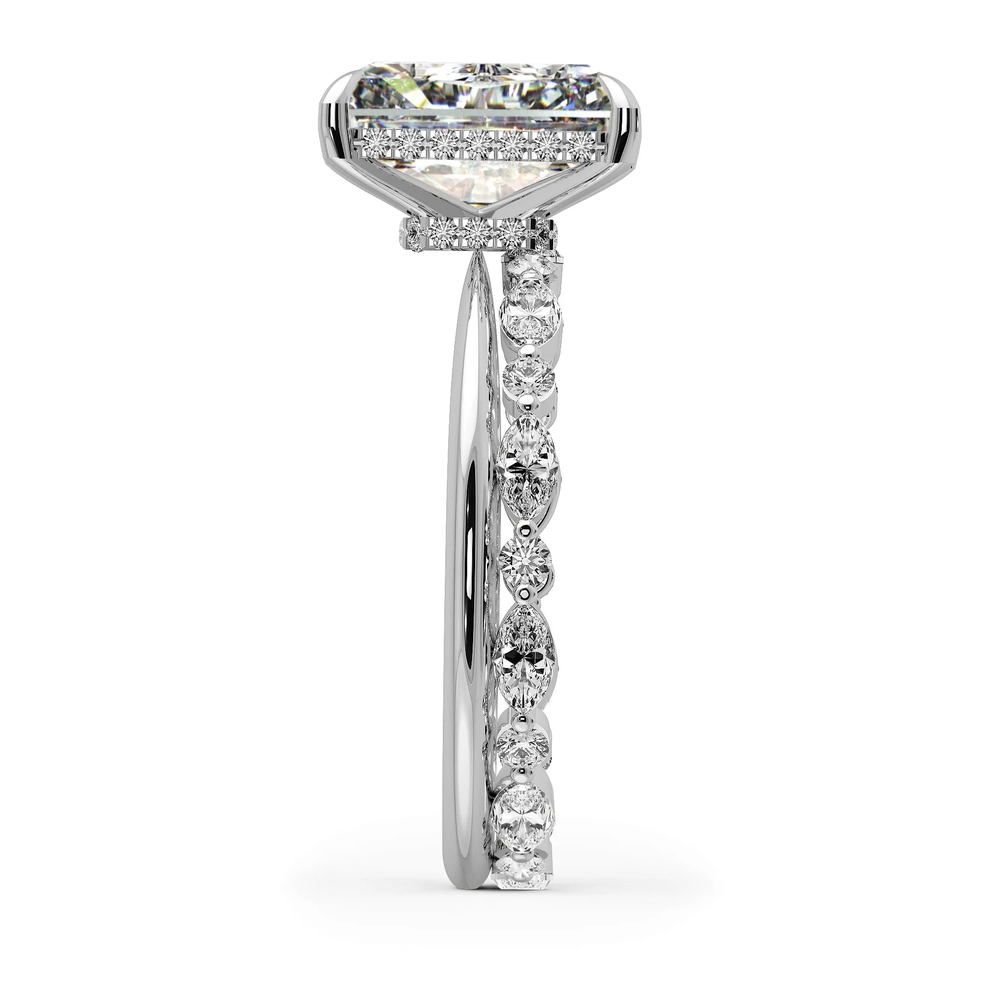 Radiant Cut Hidden Halo Engagement Ring Bridal Set - 485