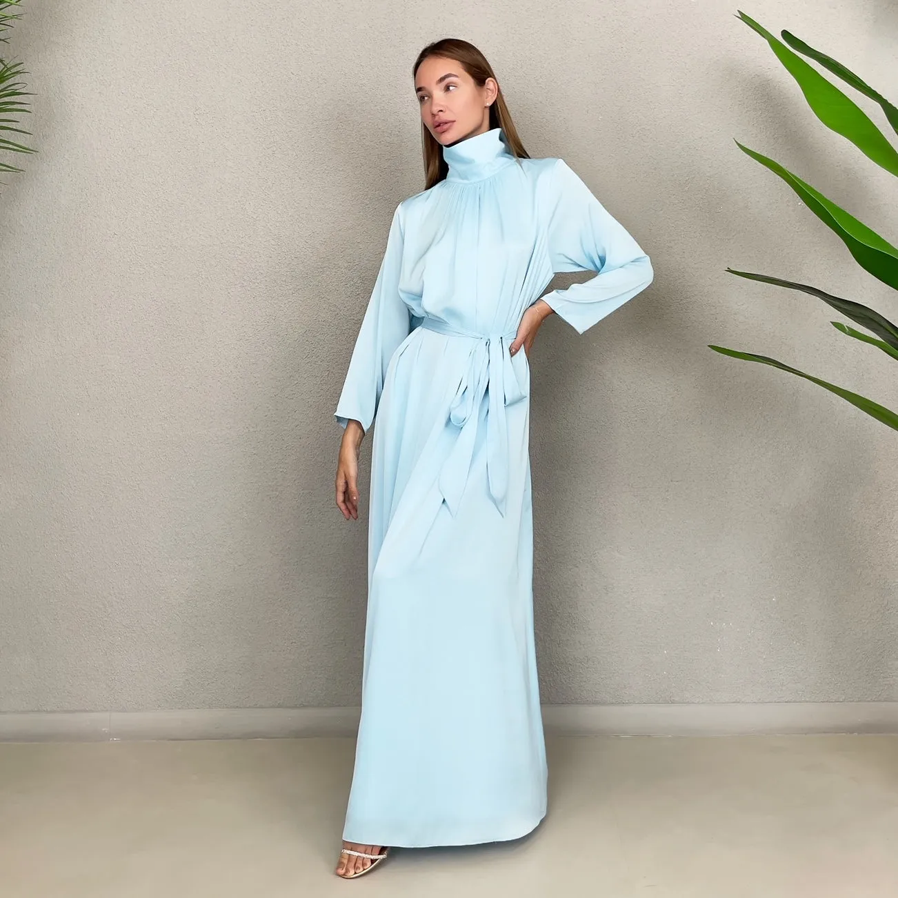 RAM23 TESSA BABY BLUE SATIN HIGH NECK DRESS