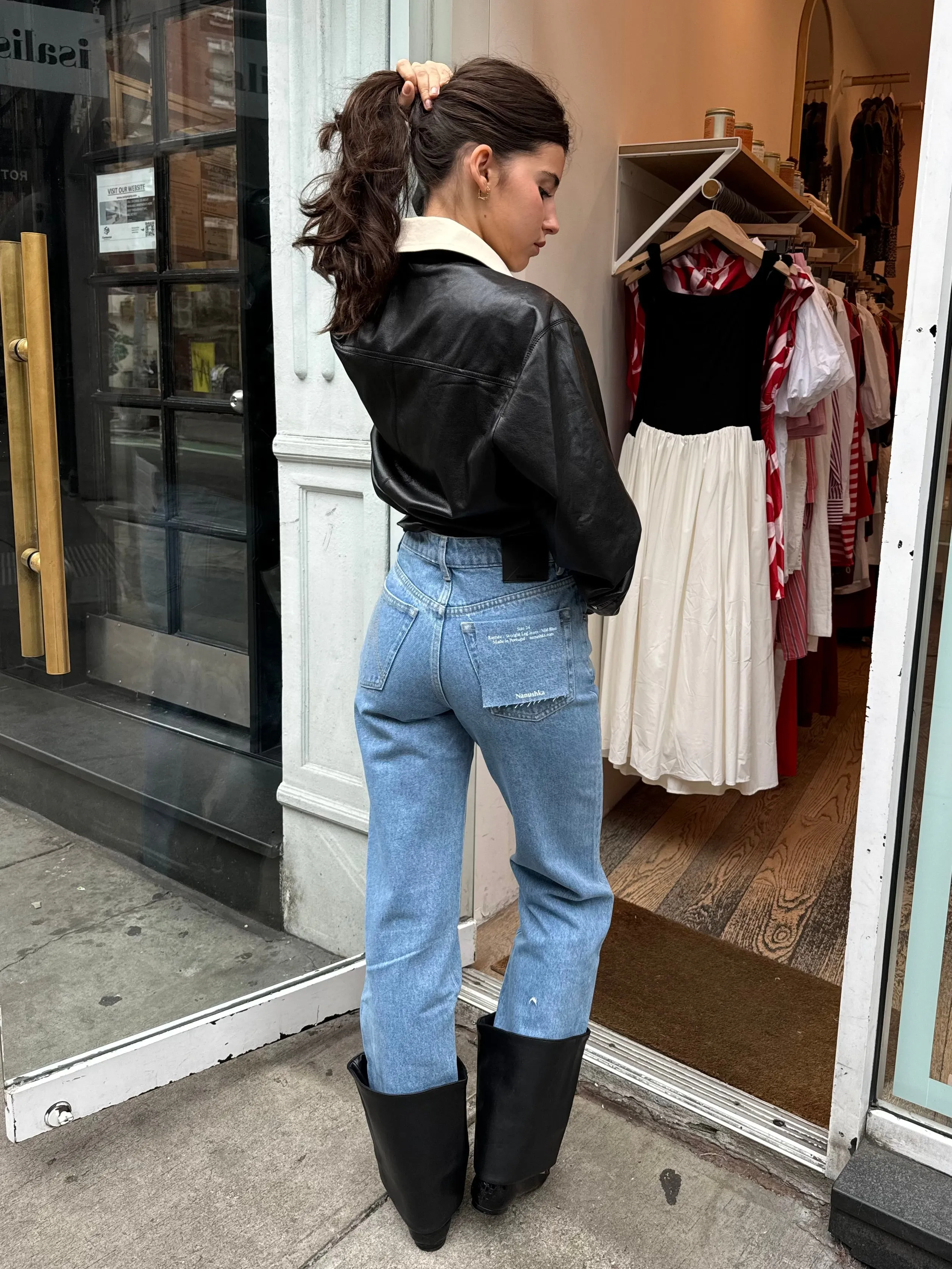 Raynee Mid Rise Straight Leg Jeans in Mid Blue/Black