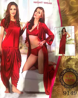 Red Bridal Wedding Nighty Sets  - 6 Pcs Set - 9149