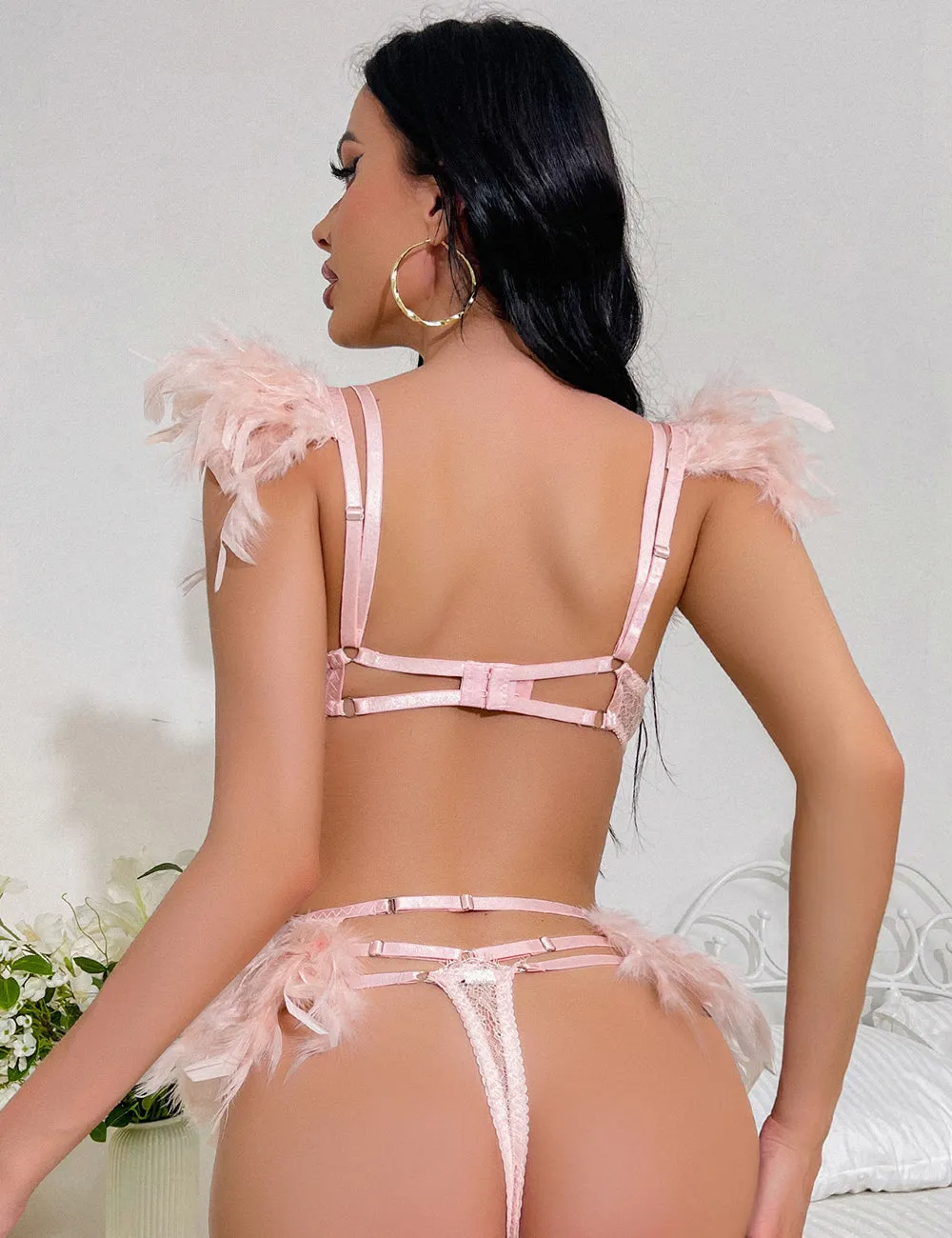 Red Feather Lace Chain Sexy Bra Egypt Set