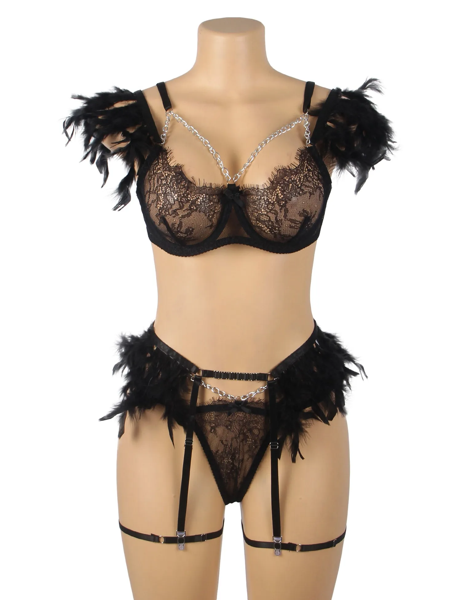 Red Feather Lace Chain Sexy Bra Egypt Set
