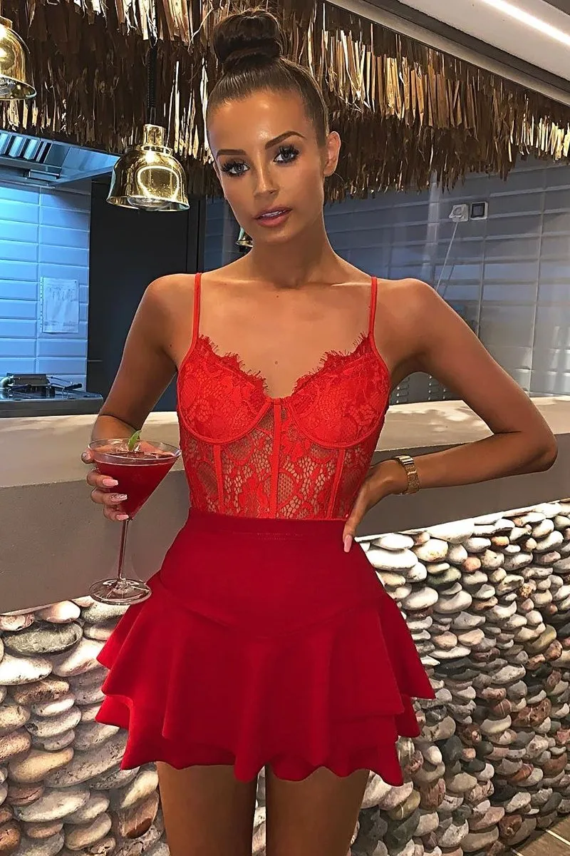 Red Lace Flower Bodysuit - Faylen