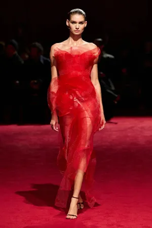 Red Strapless Horsehair Ruffle Midi Dress