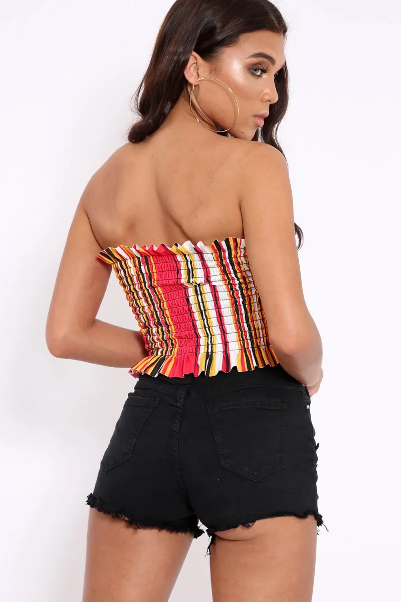 Red Stripe Shirred Frill Bandeau Crop Top - Camren