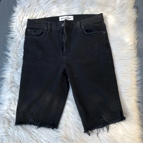Reformation Ripped Distressed Denim Black Women Shorts, size 28