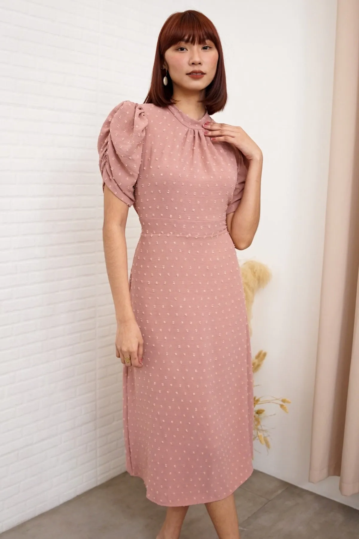 REIGN Puff-Sleeve Dobby Dot Midi Dress (Dusty Rose)